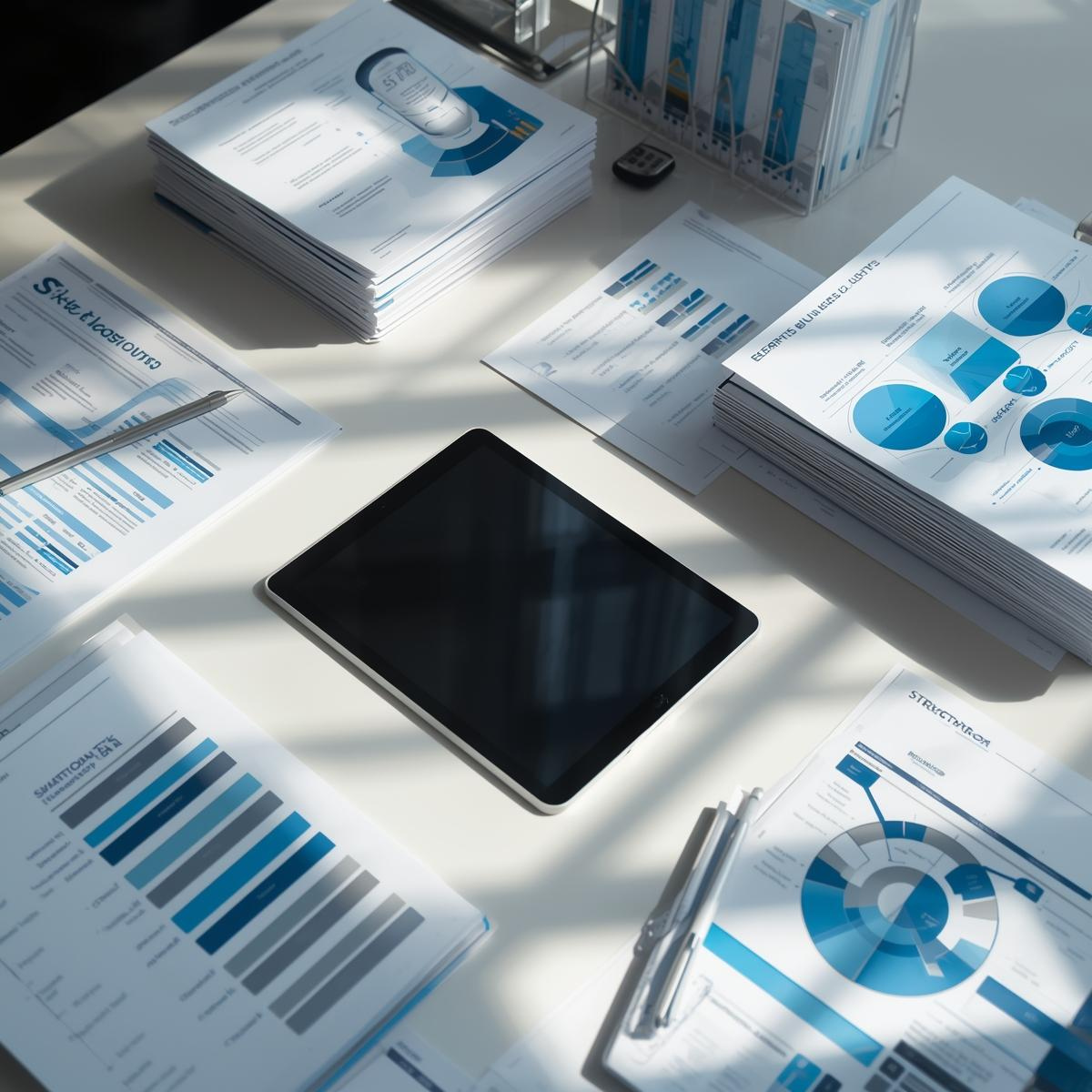 Professional business workspace with printed reports, tablet, and blue-highlighted charts representing Structura’s business templates for operations and management systems.