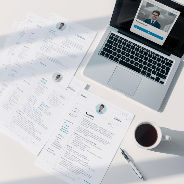 Professional workspace with resume printouts, laptop showing LinkedIn profile, and coffee cup — representing Structura’s career templates for resumes, LinkedIn, and job search systems.