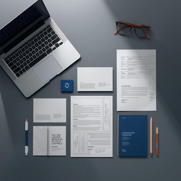 Minimal modern workspace with laptop, papers, and stationery in neutral tones representing Structura’s free professional templates.