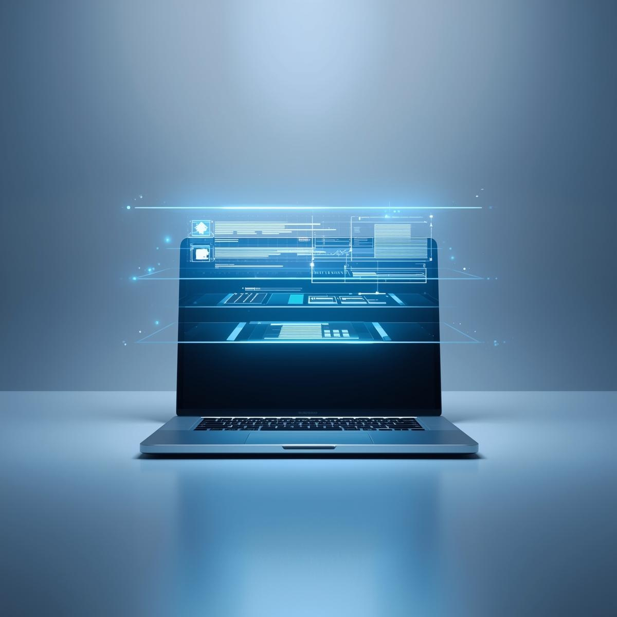 Centered laptop with luminous blue digital templates floating in precise layers above the screen on a soft gradient background, symbolizing Structura’s premium operational systems.
