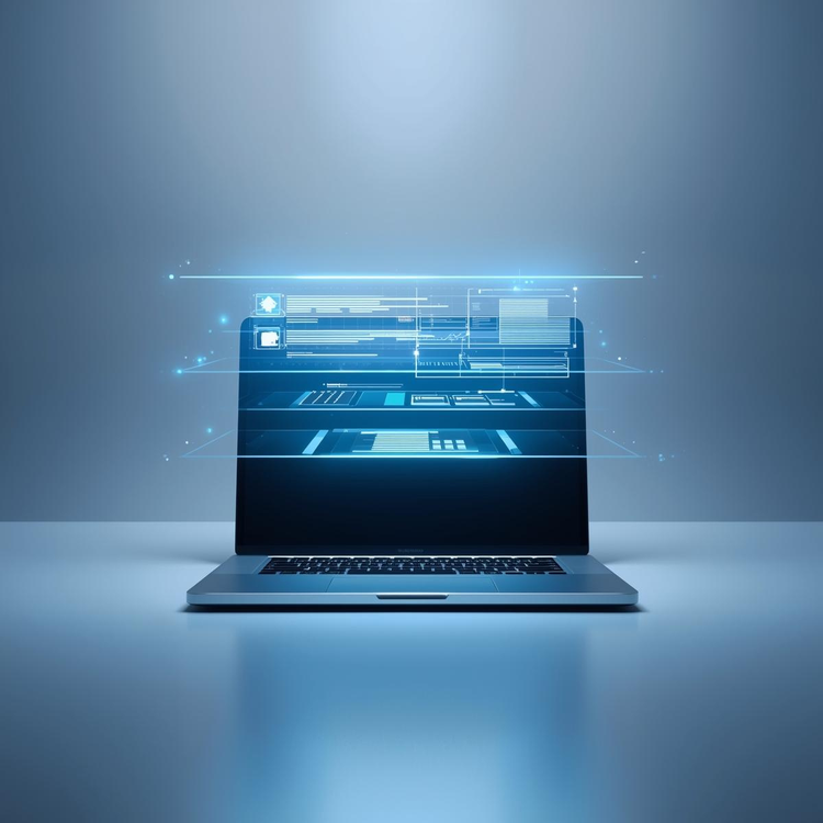 Centered laptop with luminous blue digital templates floating in precise layers above the screen on a soft gradient background, symbolizing Structura’s premium operational systems.
