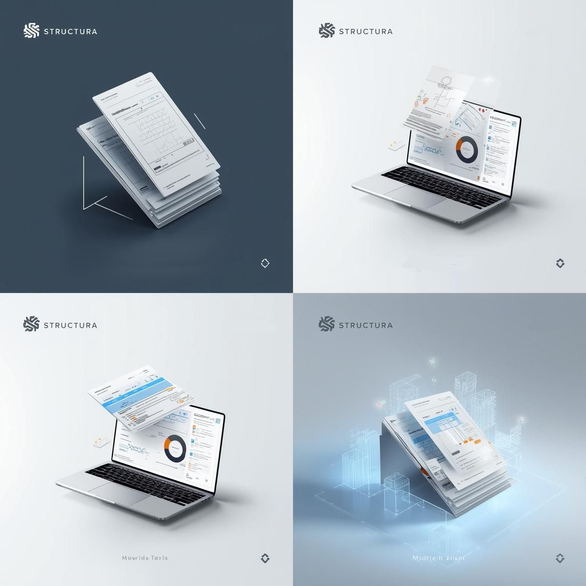 Modern digital workspace with stacked documents and laptop screen, representing Structura Tech Ops™ Templates — professional frameworks, resumes, SOPs, and business operations kits for structure and clarity.