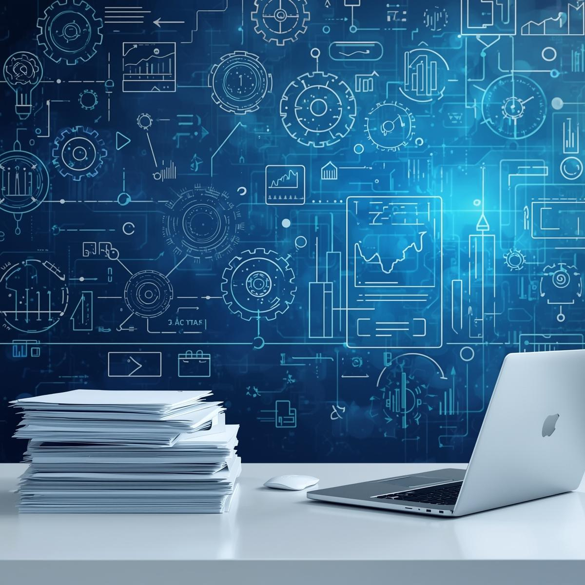 Structured workspace with stacked papers and laptop against a digital blueprint background of interconnected gears and charts, representing Structura’s integrated toolkits and systems.