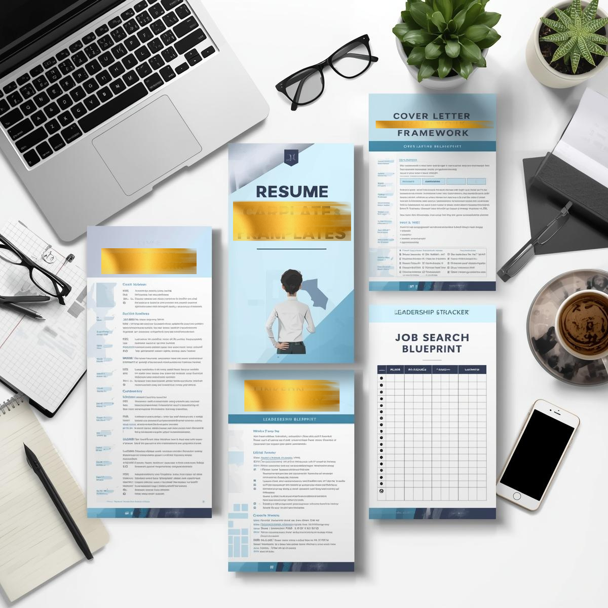 Flat-lay of professional career toolkit documents on a white desk — including resume templates, cover letter frameworks, and leadership planning tools, with a laptop, pen, clipboard, and coffee cup.