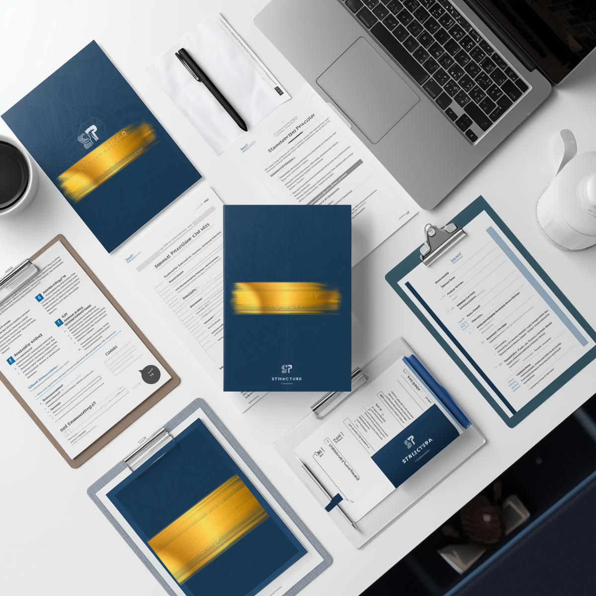 Flat-lay of business toolkit documents on a clean desk — including SOPs, onboarding forms, and performance templates, with laptop, clipboard, and coffee cup.