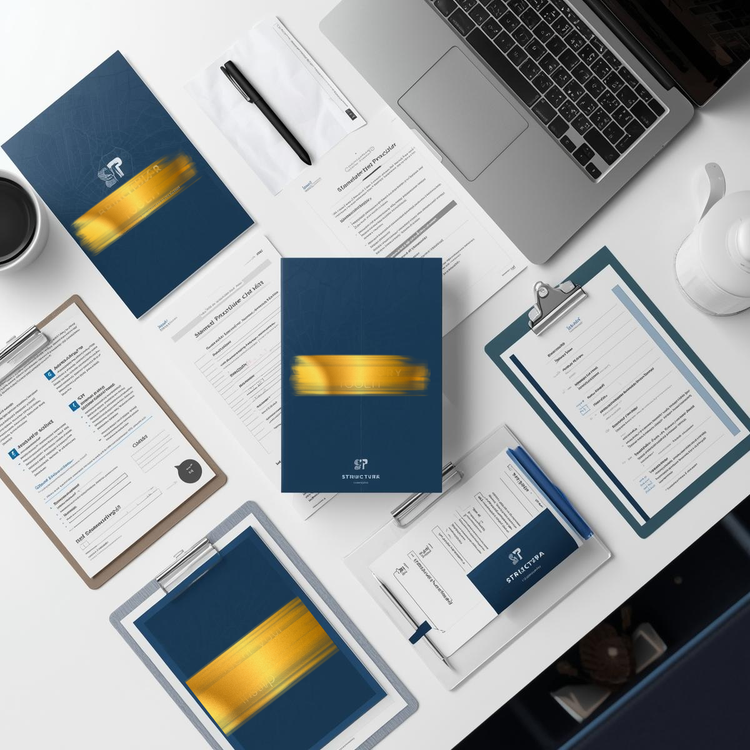 Flat-lay of business toolkit documents on a clean desk — including SOPs, onboarding forms, and performance templates, with laptop, clipboard, and coffee cup.
