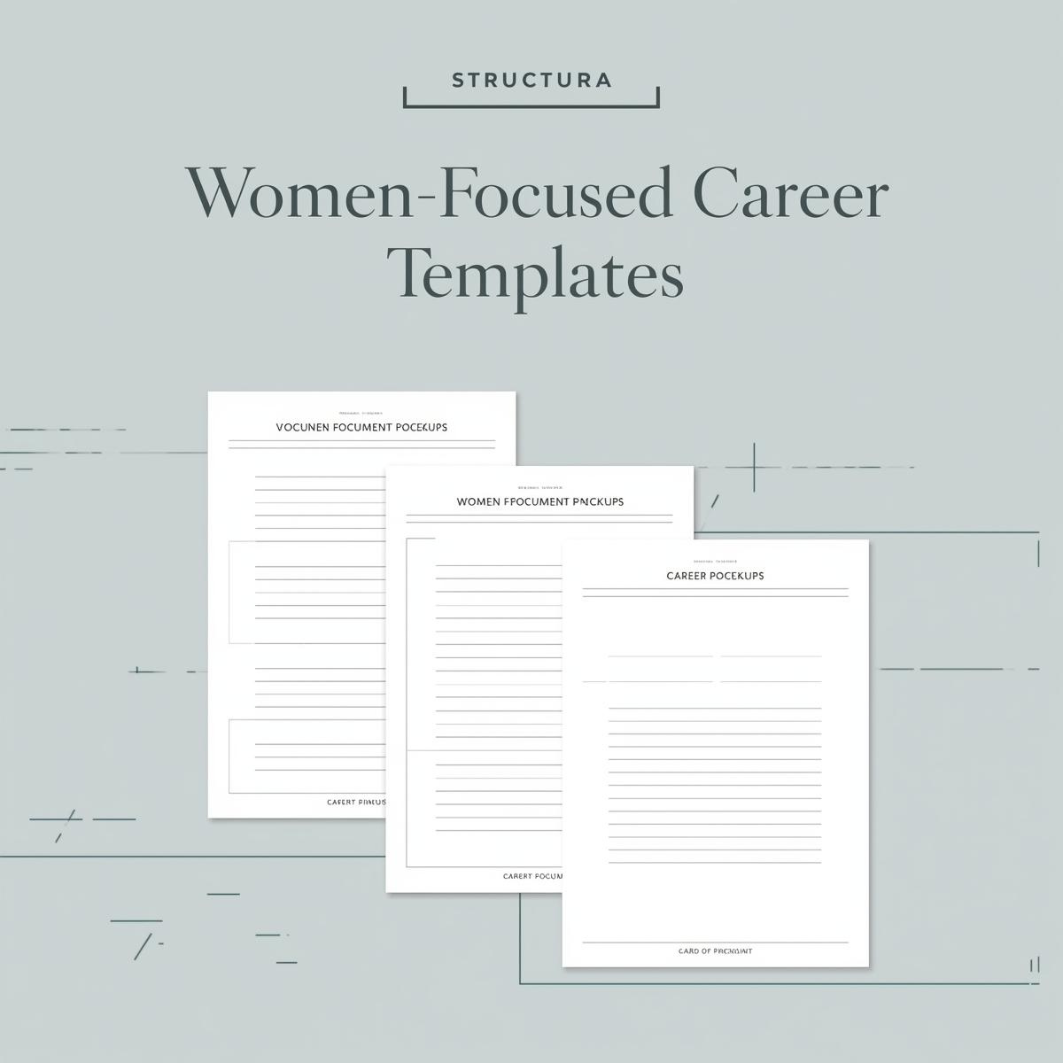 Women-Focused Career Templates Collection — structured document mockup on a soft slate background with subtle geometric lines, designed by Structura Tech Ops.