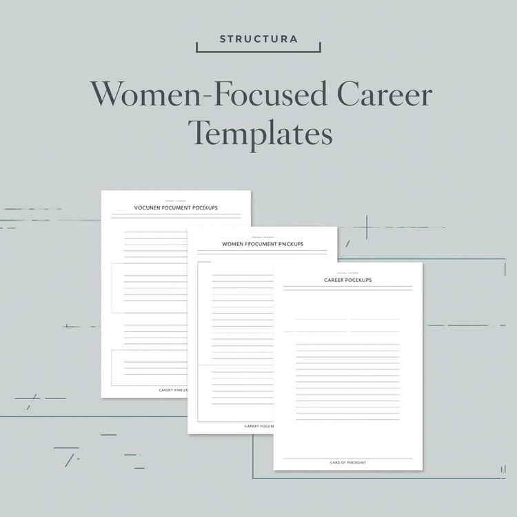 Women-Focused Career Templates Collection — structured document mockup on a soft slate background with subtle geometric lines, designed by Structura Tech Ops.