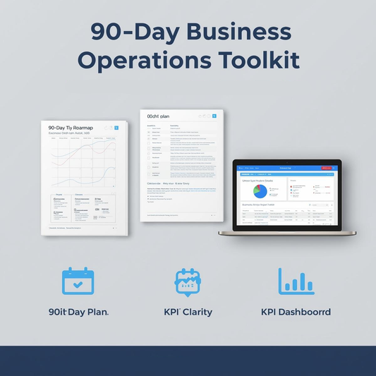 Flat lay image for the '90-Day Business Operations Toolkit' by Structura Tech Ops, featuring a printed 90-day roadmap, audit checklist, and KPI dashboard displayed on a laptop. Below are labeled icons for 90-Day Plan, KPI Clarity, and KPI Dashboard. Clean, professional layout in navy and electric blue with a light grey background.