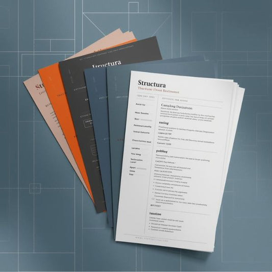 Structura Tech Ops ATS-Friendly Resume Kit — layered professional resume templates in blue, slate, and orange on a modern blueprint background.