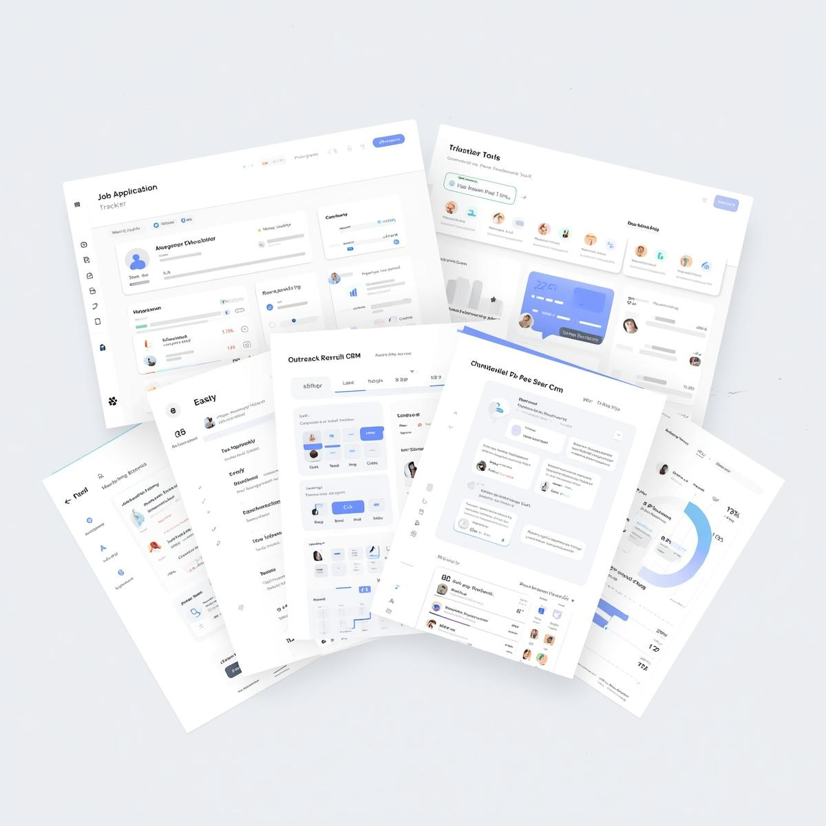 Flat-lay digital display of the Advanced Job Search System toolkit, featuring job application tracker, recruiter CRM, outreach email templates, and progress dashboards arranged in an organized layout with soft neutral tones.