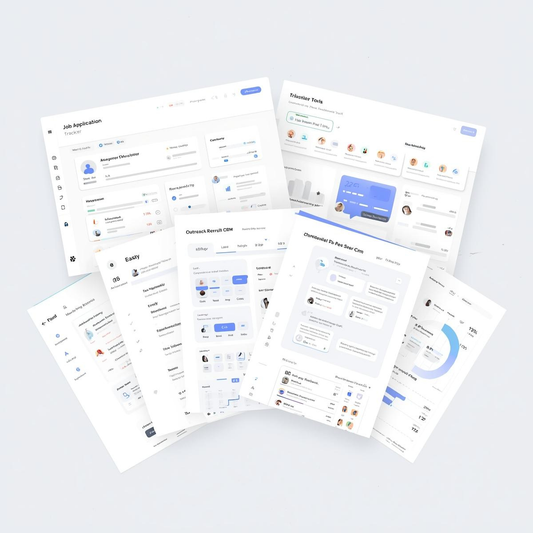 Flat-lay digital display of the Advanced Job Search System toolkit, featuring job application tracker, recruiter CRM, outreach email templates, and progress dashboards arranged in an organized layout with soft neutral tones.