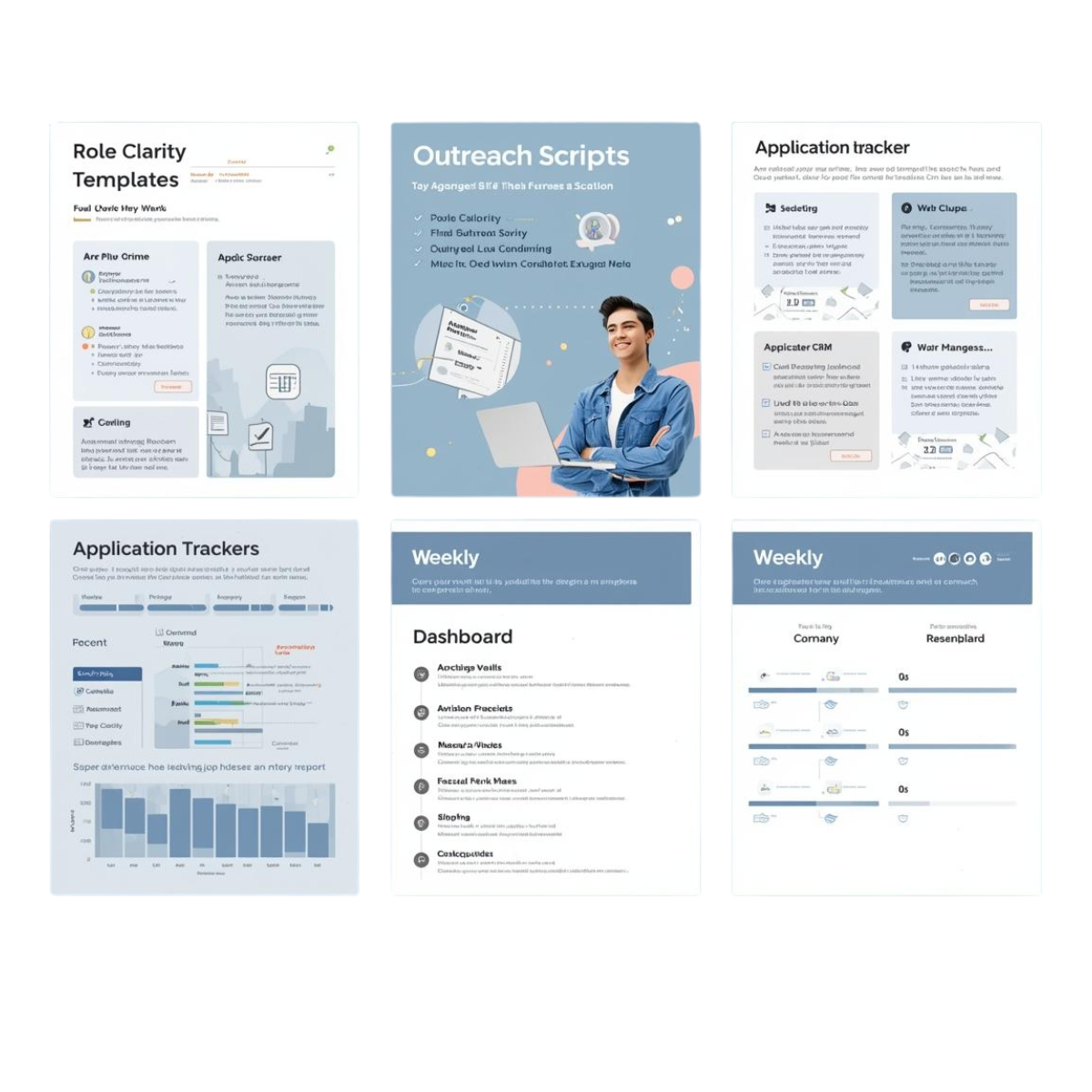 Structura Advanced job search system toolkit showing role clarity templates, outreach scripts, application trackers, recruiter CRM, and weekly progress dashboard