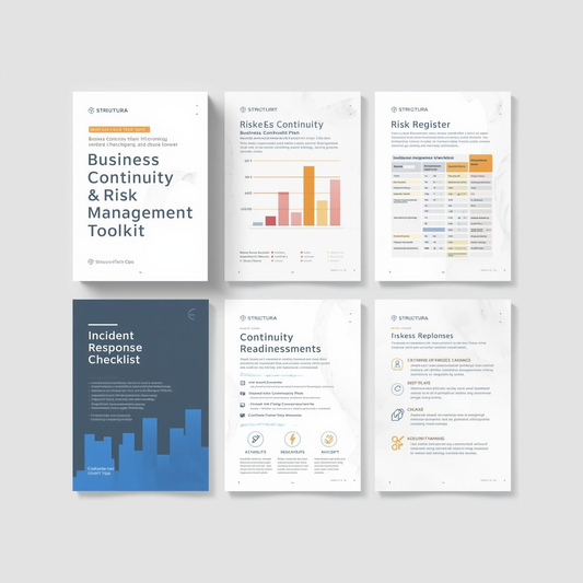 Flat-lay visual of Structura Tech Ops™ Business Continuity & Risk Management Toolkit, featuring continuity plan template, risk register with heatmap, incident response checklist, and readiness self-assessment documents, displayed on a light marble background.