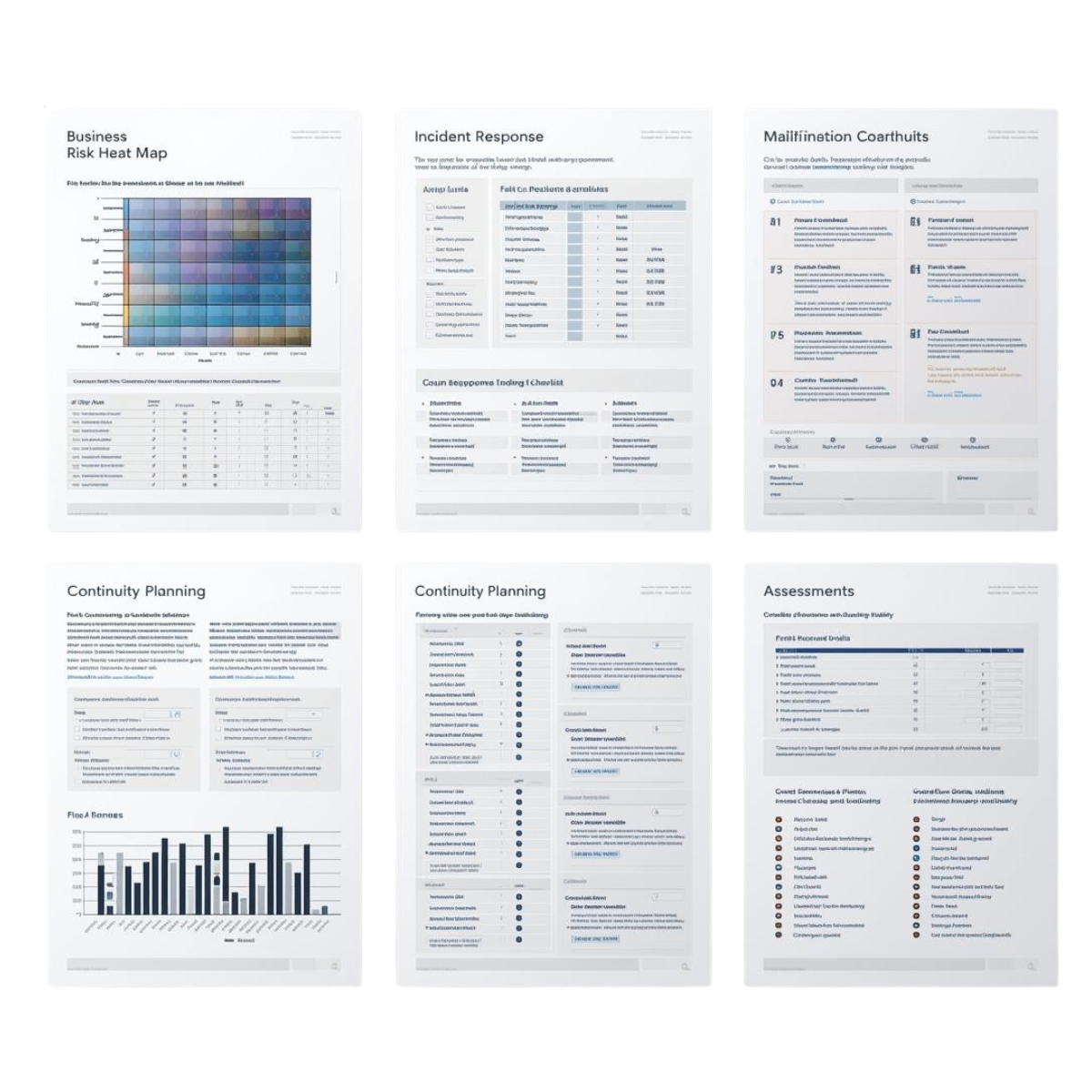 Business continuity and risk management templates including risk heat map, incident response checklist, and continuity planning documents