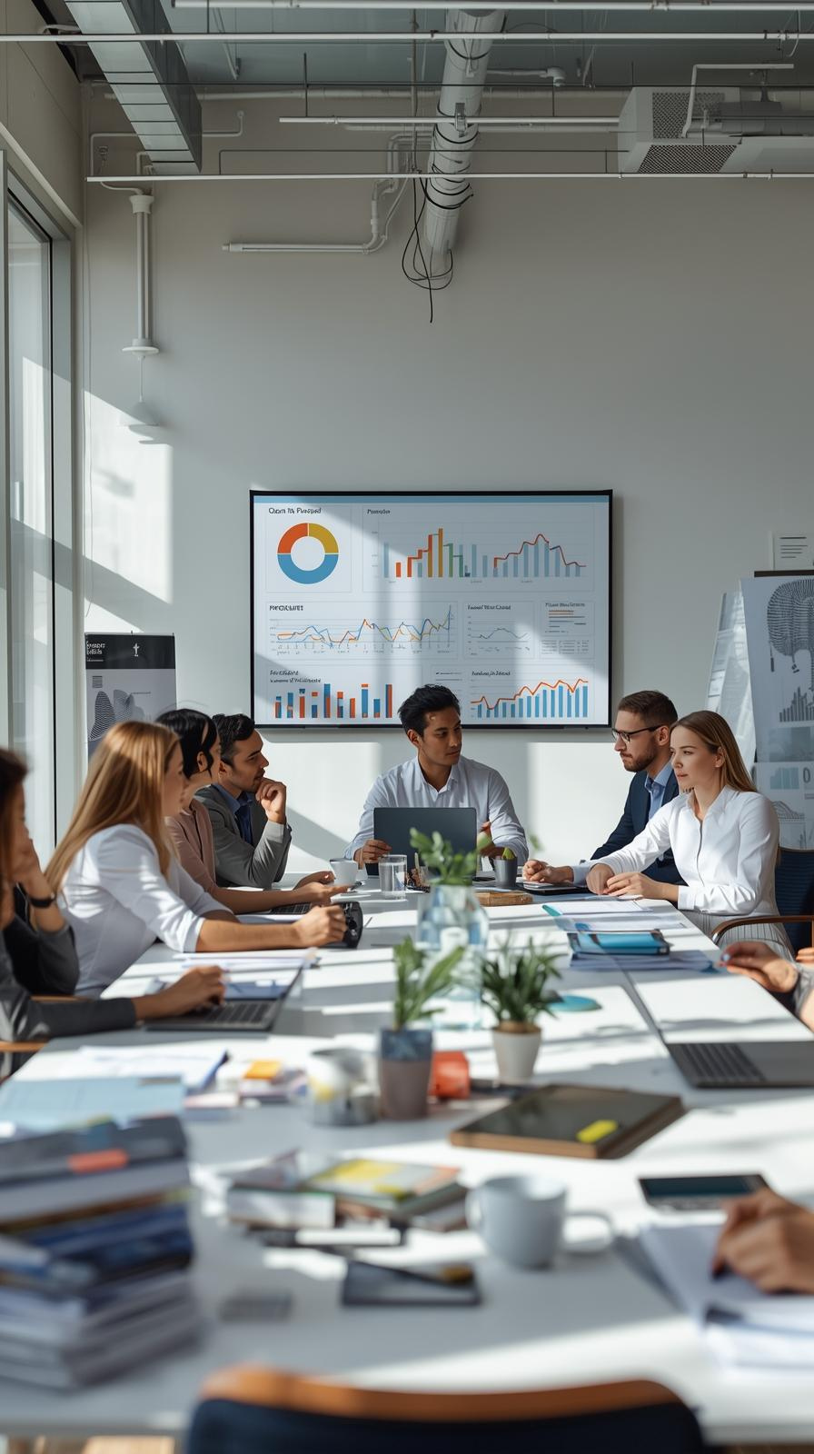 Strategic collaboration in a office: diverse professionals (including white, Black, and mixed backgrounds) gather around a table reviewing dashboards and documents. Analytics on screen highlight workforce and operational metrics.