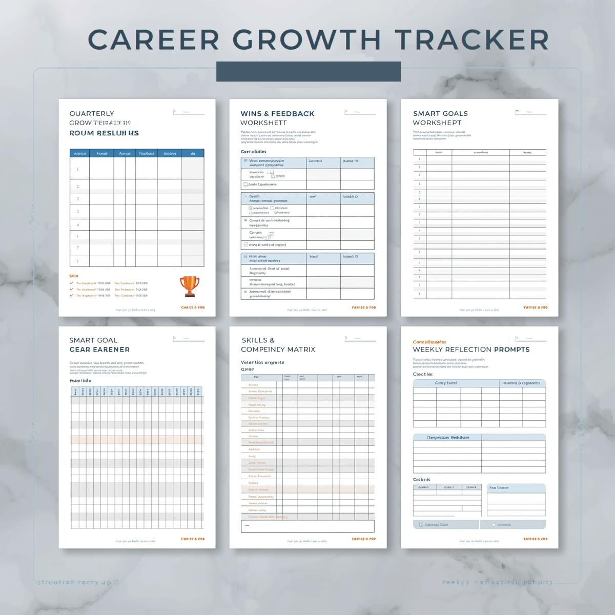 Flat-lay display of the Career Growth Tracker by Structura Tech Ops, featuring six structured documents including a Quarterly Goals Review, Wins & Feedback worksheet, SMART Goals planner, Skills & Competency Matrix, Weekly Reflection Prompts, and Goal Progress Chart, all set against a subtle marble background.