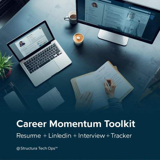 Clean digital workspace featuring a laptop displaying a resume, LinkedIn profile on a monitor, and interview prep notes on a clipboard — representing a full-spectrum job search system for career growth.