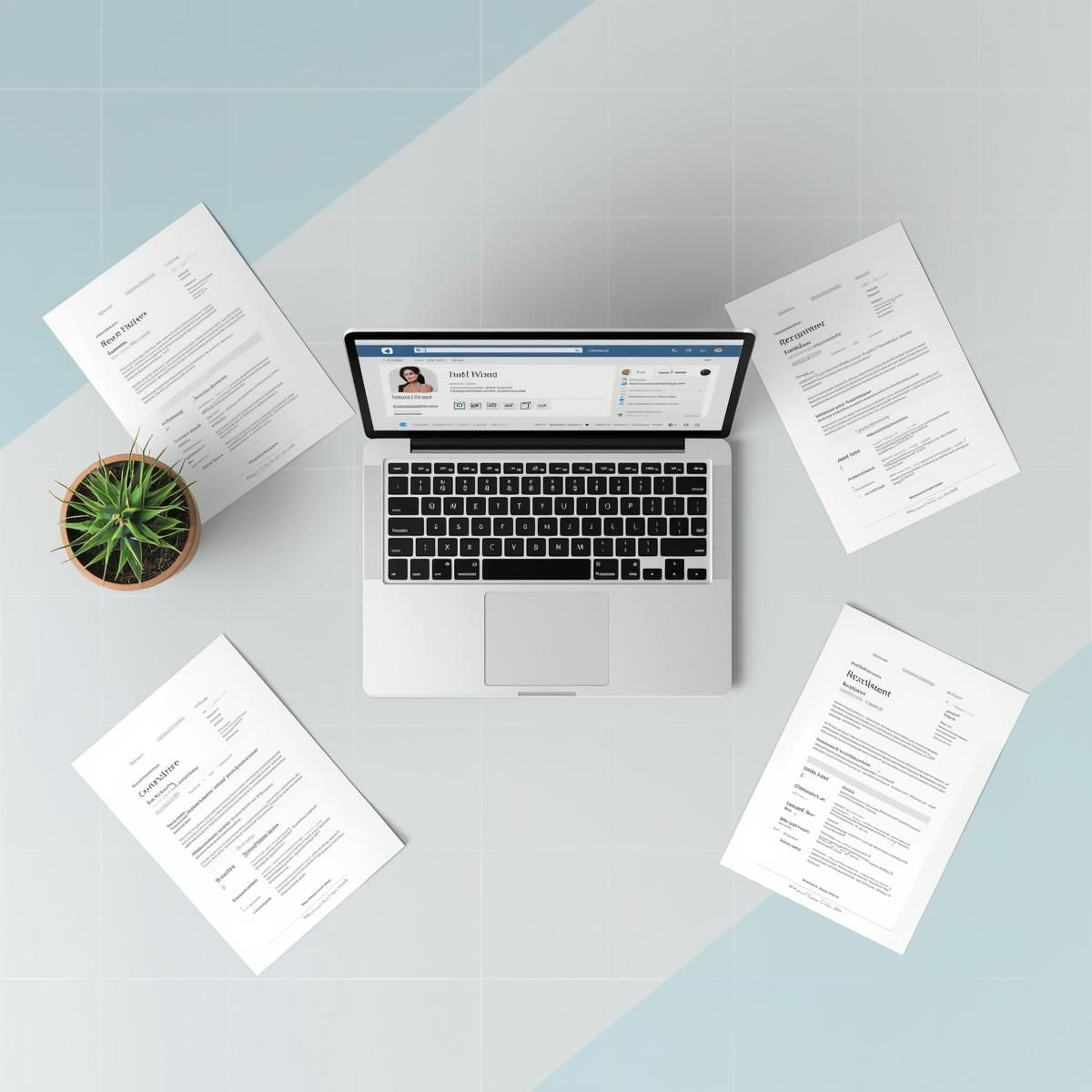 Top-down view of a professional workspace with resume documents and a LinkedIn profile displayed on a laptop, representing career positioning and recruiter readiness.