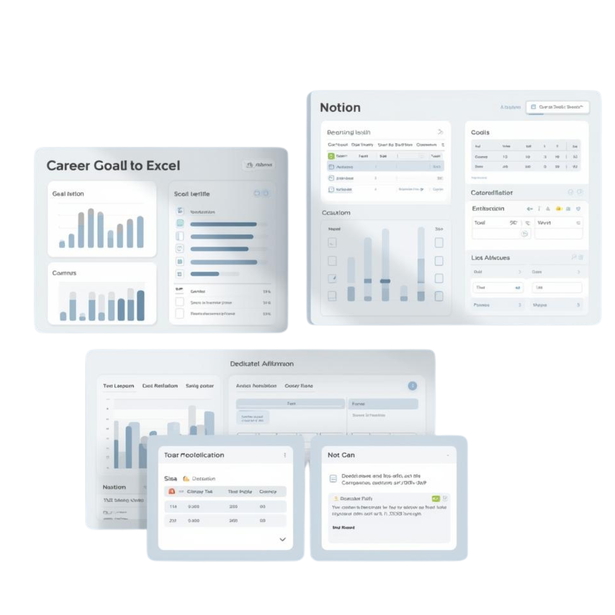 Career Growth Tracker showing goal tracking, performance metrics, progress charts, and development planning views across Excel and Notion formats