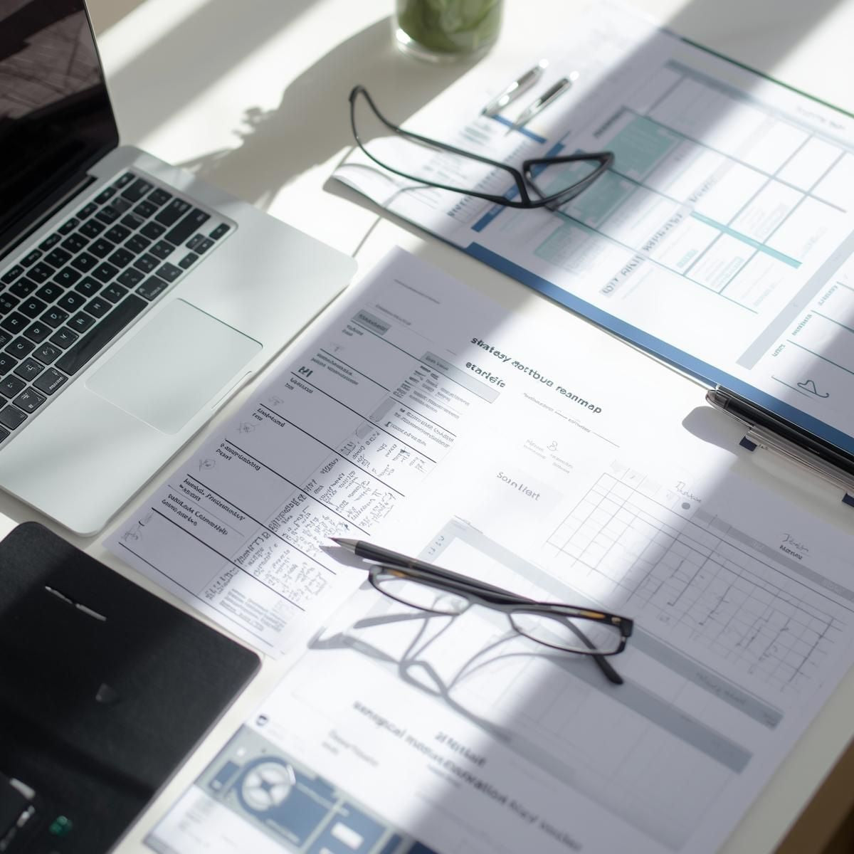 Career planning desk with strategy notes, printed job tracker, laptop, and glasses in natural daylight, symbolizing preparation, clarity, and strategy.
