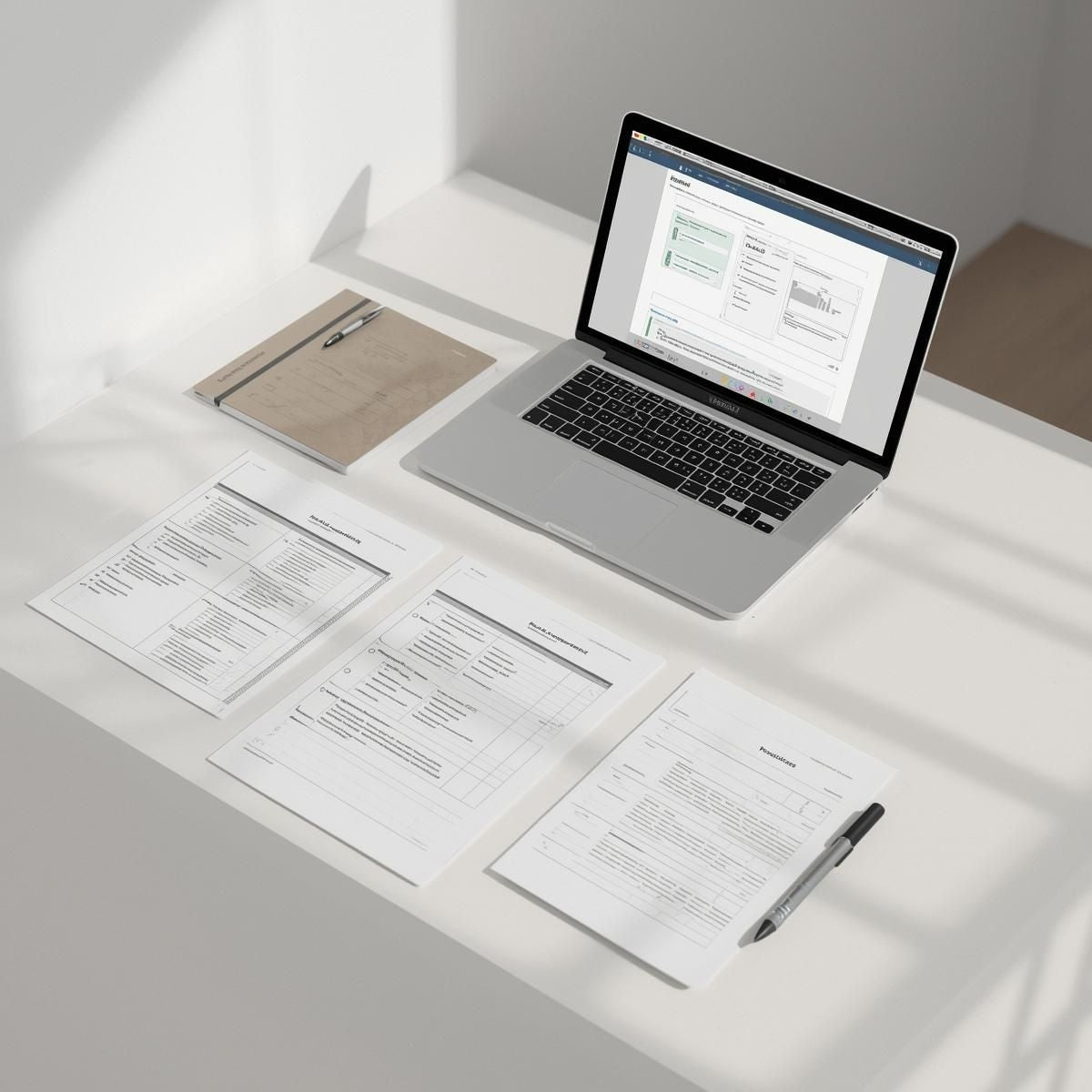 Organized planning workspace with career roadmap documents, interview notes, and a laptop displaying a structured framework, representing career strategy and decision clarity.