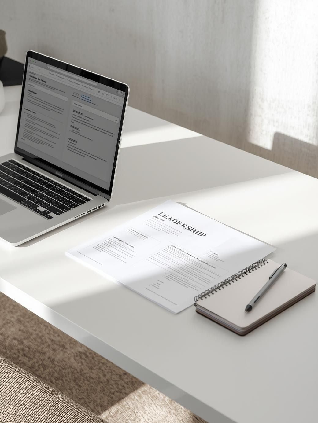 Professional workspace with a laptop, leadership documents, and a notebook arranged neatly on a white desk, representing executive communication clarity.