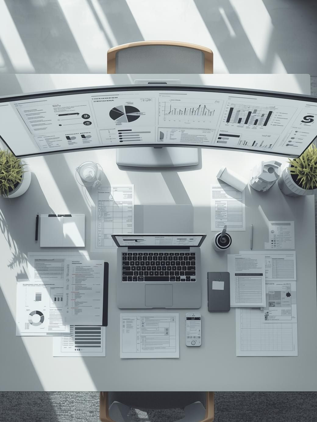 Top-down view of a modern workspace with a curved monitor displaying operational dashboards and organized workflow documents, representing business systems integration.