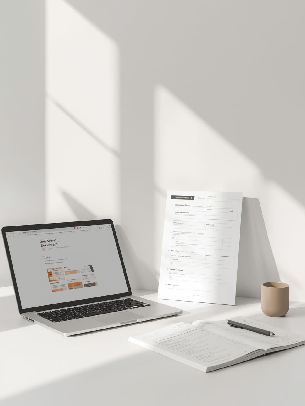 Minimal workspace with a laptop displaying job search results and organized career planning documents, symbolizing clarity and structured career direction.