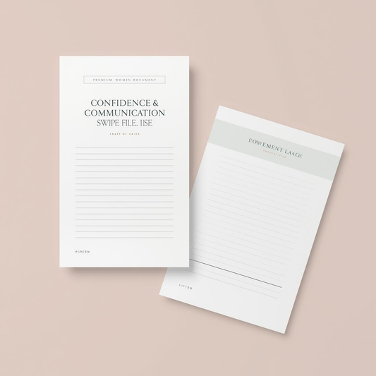 Confidence & Communication Swipe File for Women — clean professional document mockup on a soft neutral background, featuring a structured template layout by Structura Tech Ops.