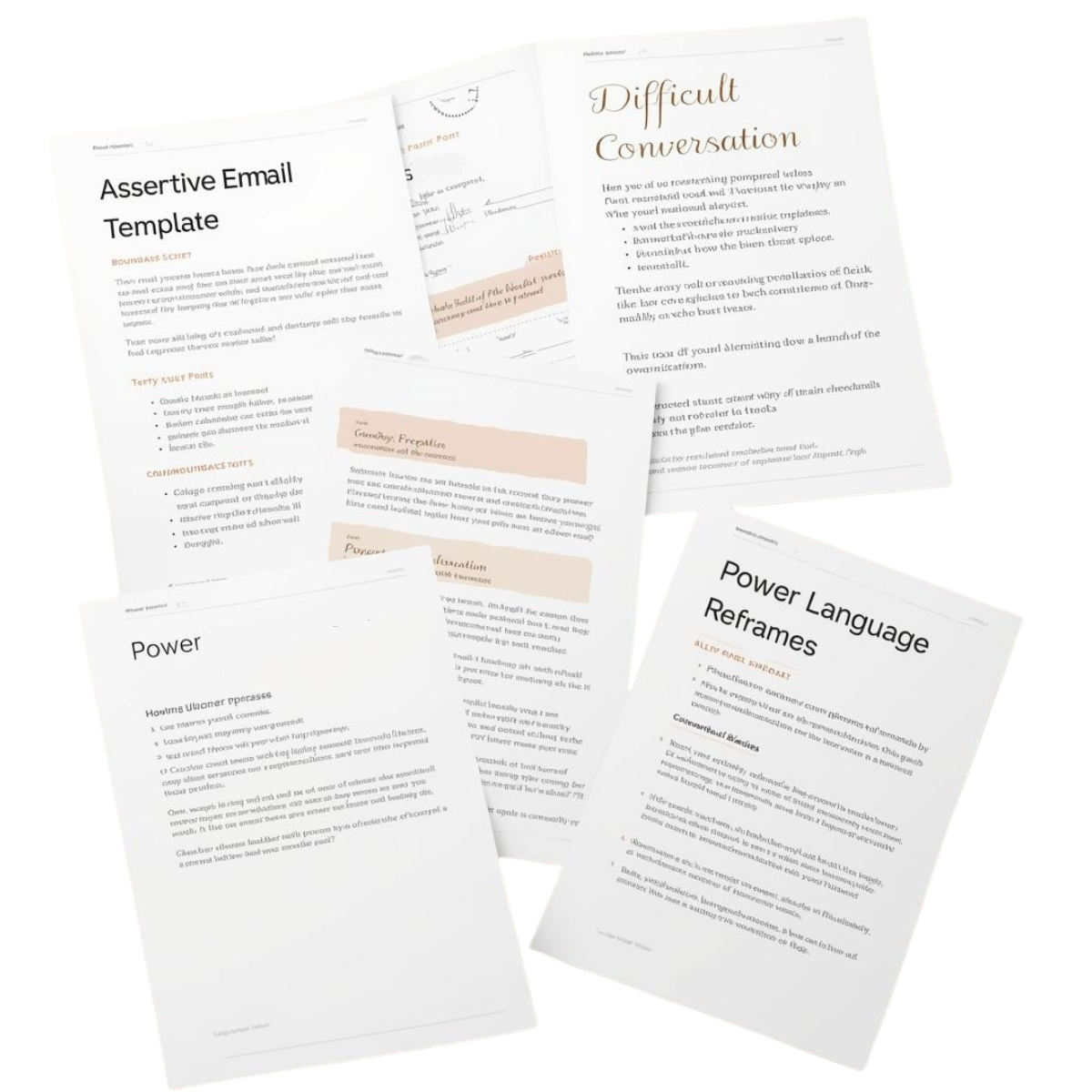Flat lay of professional communication templates including assertive email scripts, difficult conversation phrases, and power language reframes on white paper.