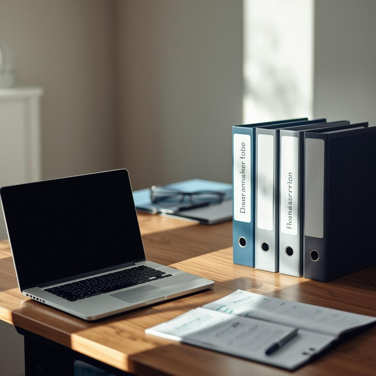 Minimalist Canadian workspace featuring a closed silver laptop on a white desk, structured operational workflow printouts, pens, and soft natural lighting — representing business process design and streamlined operational systems.