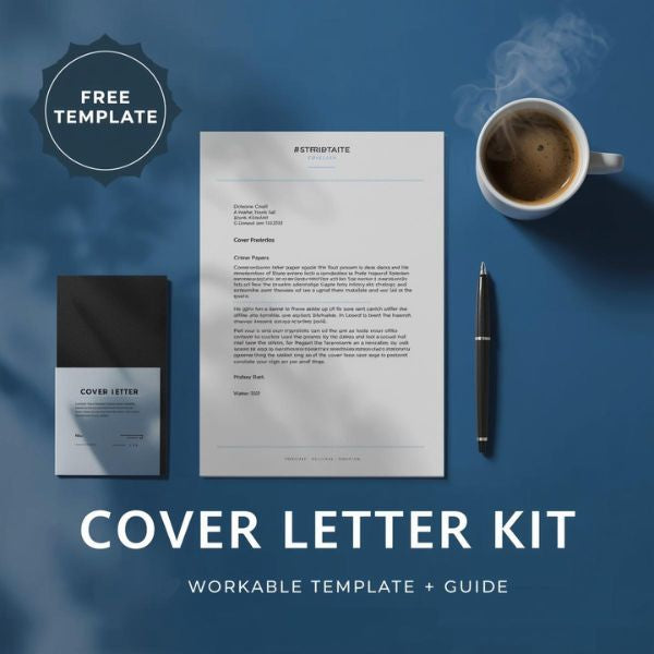 Flat-lay of a professional cover letter workspace featuring a printed letter, pen, and coffee cup on a Structura blue background. Badge at top reads “FREE TEMPLATE.” Text overlay: “Cover Letter Kit – Workable Template + Guide.” Minimal, modern design styled in Structura Tech Ops™ brand colors (#24ADE3 and #12235D).