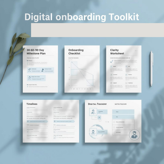 A soft flat-lay image showcasing a digital onboarding toolkit. Includes a 30-60-90 day milestone plan, onboarding checklist, clarity worksheet, timeline tracker, and digital onboarding tools. Styled with light shadows, modern icons, and a professional blue-gray palette.