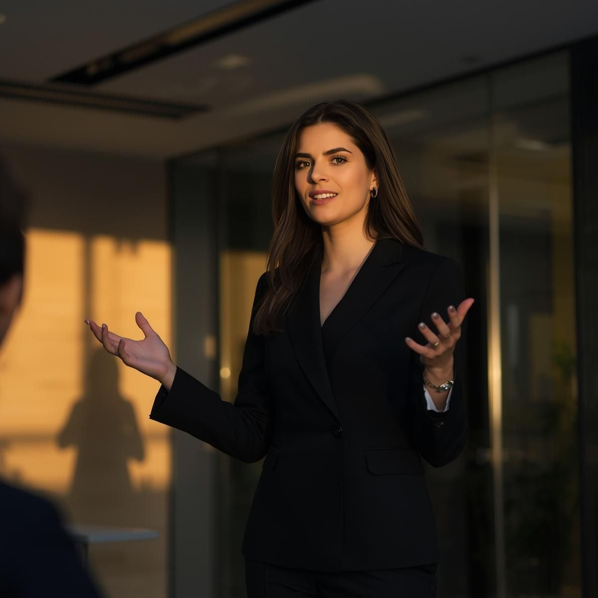 Professional woman in black suit speaking confidently in a leadership setting, gesturing with clarity and command, representing executive presence and communication mastery.
