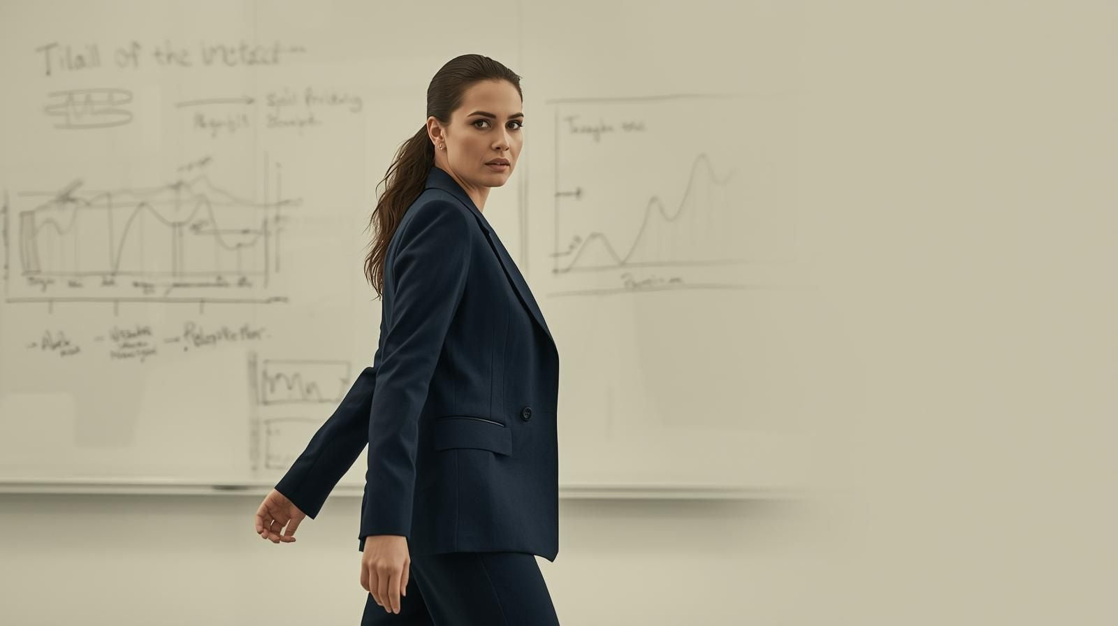 A confident woman in a navy blazer walks forward, looking over her shoulder as she leaves a strategy session. Behind her, a whiteboard with strategic notes is softly blurred. The image conveys momentum, insight, and executive clarity.