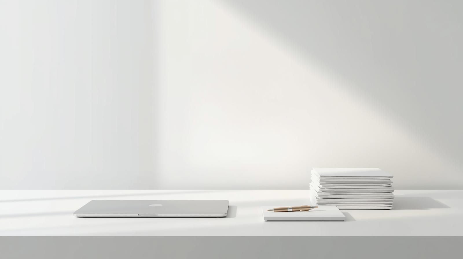 Clean, sunlit workspace featuring a cream notebook, stylus, and white cup on a minimalist desk, with soft morning shadows and ample white space above — ideal for mobile text overlay.