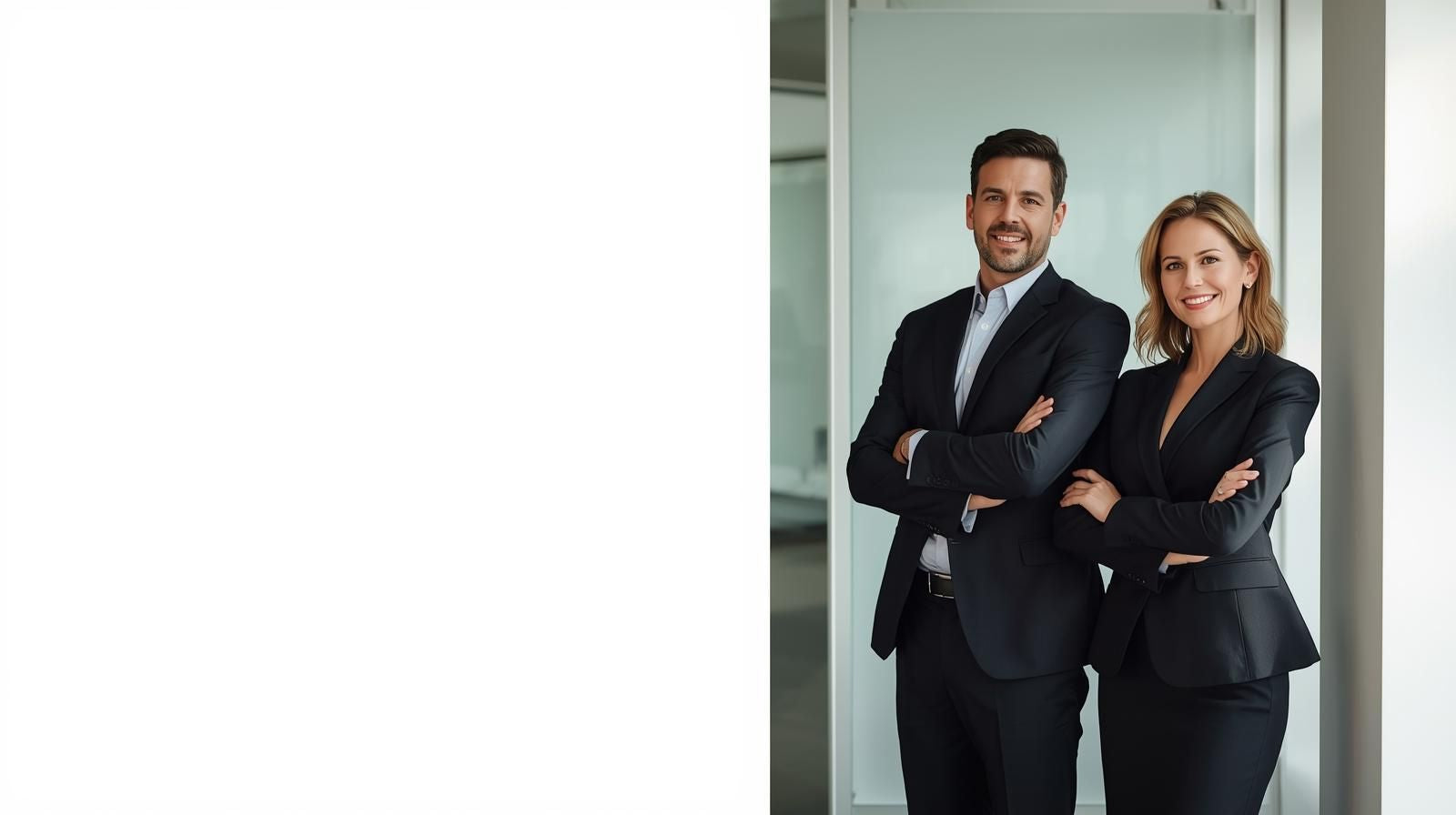 Professional man and woman standing confidently in a modern office space, representing structured consulting and strategic clarity.