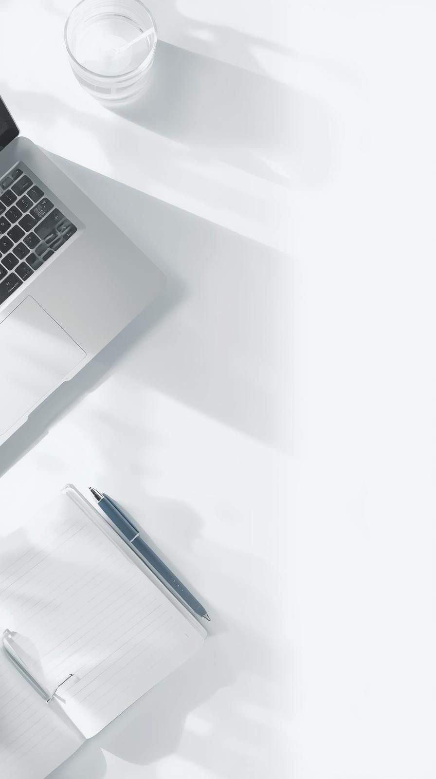 A minimalist white workspace with soft natural diagonal shadows and open negative space in the center, designed to frame CTA text. Subtle blue tones create a clean, professional aesthetic.