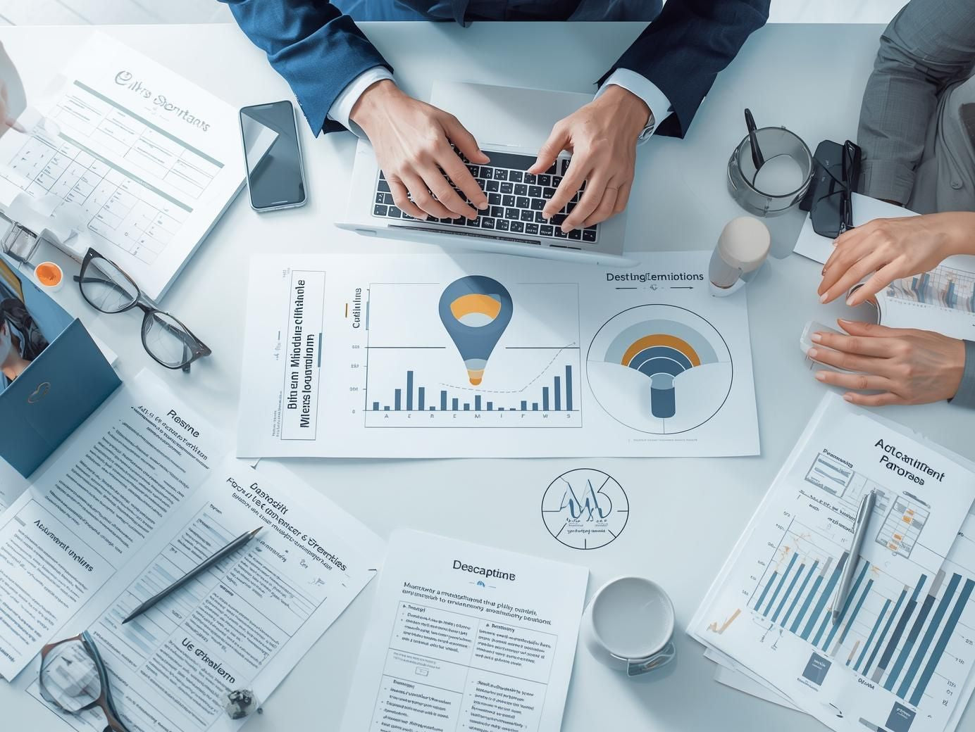 Overhead view of structured recruiting documents including candidate scorecards, job descriptions, and hiring workflow charts with a clean blue-grey consulting aesthetic.