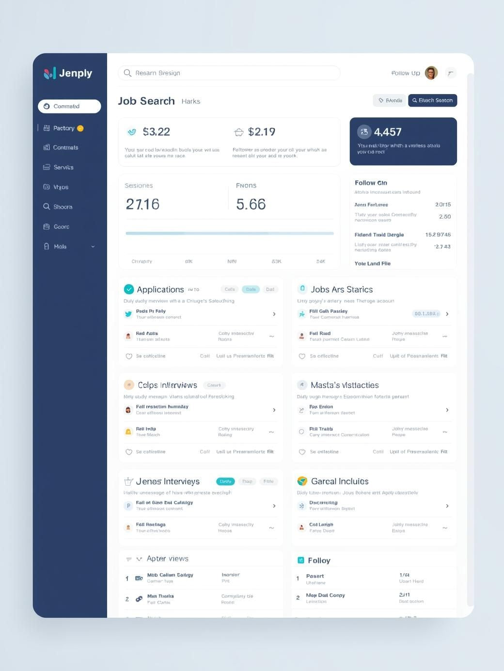 Tall interface view of a job search platform displaying metrics, KPIs, and application statuses in a structured, modern format.