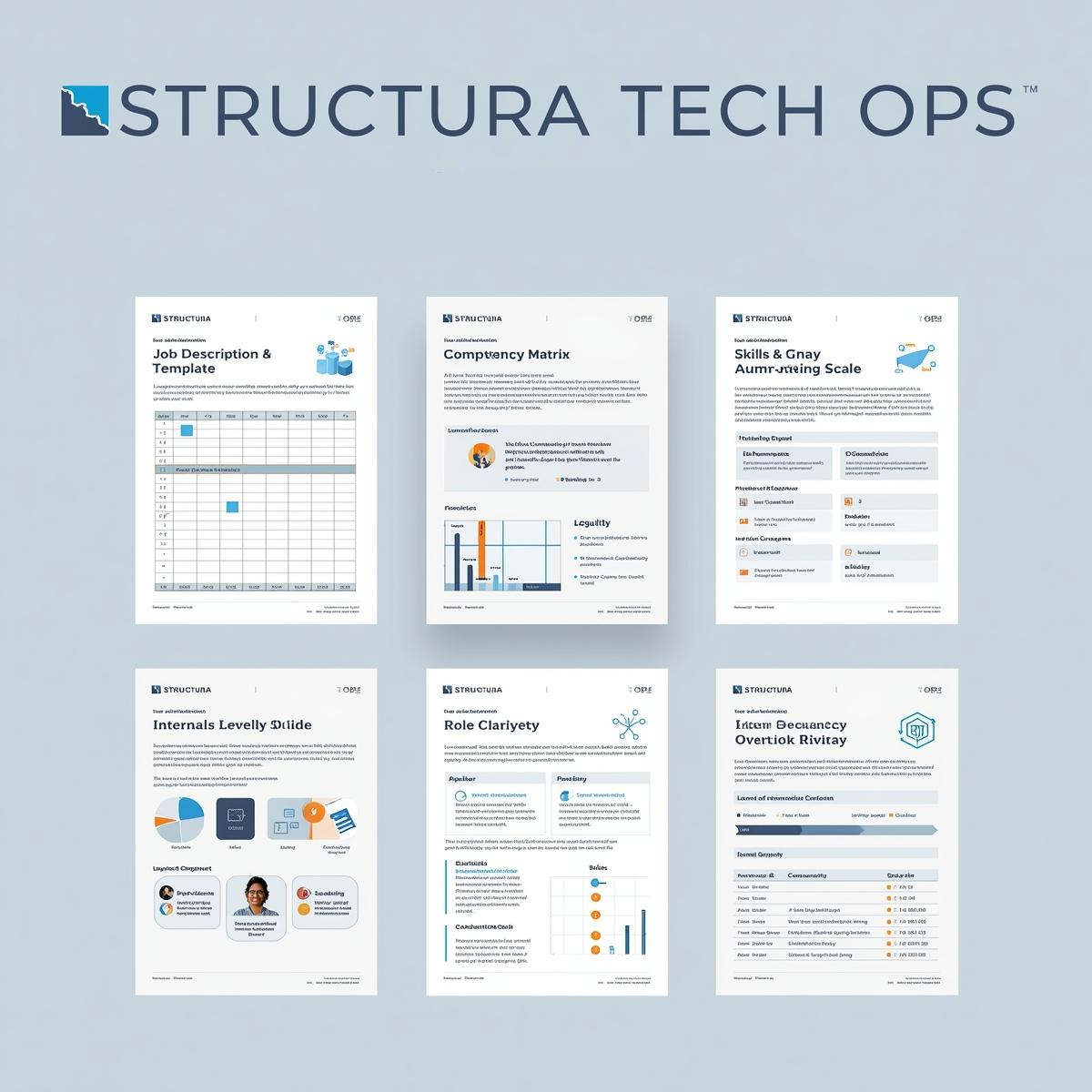 Digital flat-lay mockup of the Structura Tech Ops™ Job Description & Competency Framework Toolkit, featuring clean professional documents including a job description template, competency matrix, skills and competency rating scale, internal leveling guide, role clarity sheet, and visual overview snapshot. Layout includes branded colors (slate blue, electric blue, and warm orange), minimal icons, and structured text sections designed for clarity and corporate use.