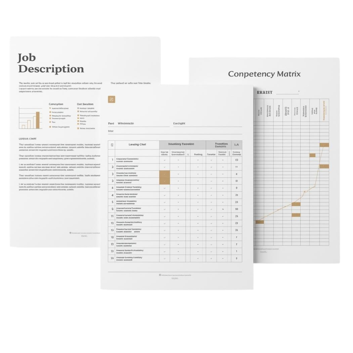 Mockup of Structura’s Job Description Template, Competency Matrix, and Leveling Chart with clean, professional formatting and role clarity visuals.