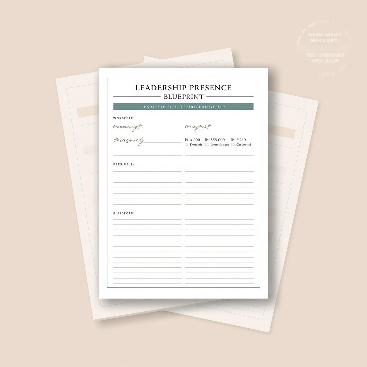 Leadership Presence Blueprint for Women — clean structured leadership worksheet mockup on a soft neutral background, designed by Structura Tech Ops.