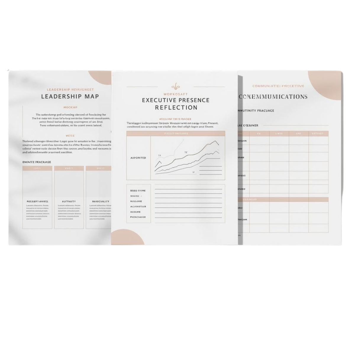 Flatlay of elegant leadership worksheets showing a leadership map, executive presence reflection, and visibility tracker in a minimalist design.