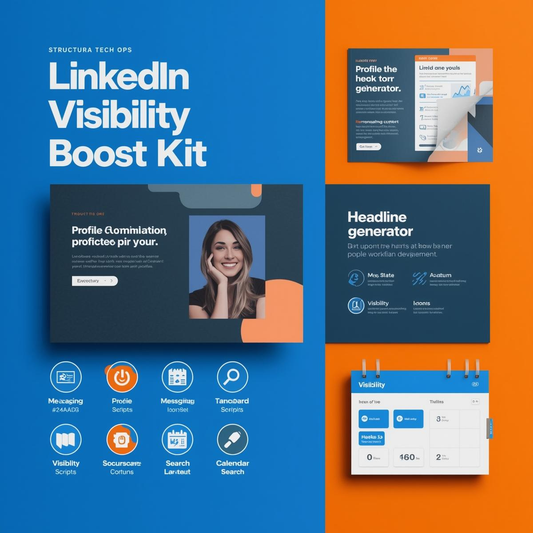Structured flat-lay digital graphic of the LinkedIn Visibility Boost Kit by Structura Tech Ops, featuring a bold split layout in electric blue and warm orange. Toolkit elements include a profile optimization guide, headline generator, recruiter scorecard, visibility scripts, messaging framework, and engagement calendar. Clean icons and modern typography highlight professional tools for LinkedIn growth.