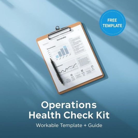 Flat-lay of a modern clipboard displaying business analytics charts on a Structura blue gradient background. A small badge reads “FREE TEMPLATE.” Text overlay: “Operations Health Check Kit – Workable Template + Guide.” Designed in Structura Tech Ops™ brand palette (#24ADE3, #12235D) to represent clarity, structure, and operational insight.