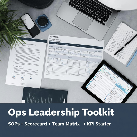 Modern operations workspace showing a SOP document, KPI dashboard open in Excel, a team matrix table, and a digital scorecard — representing structured leadership systems for business operations.