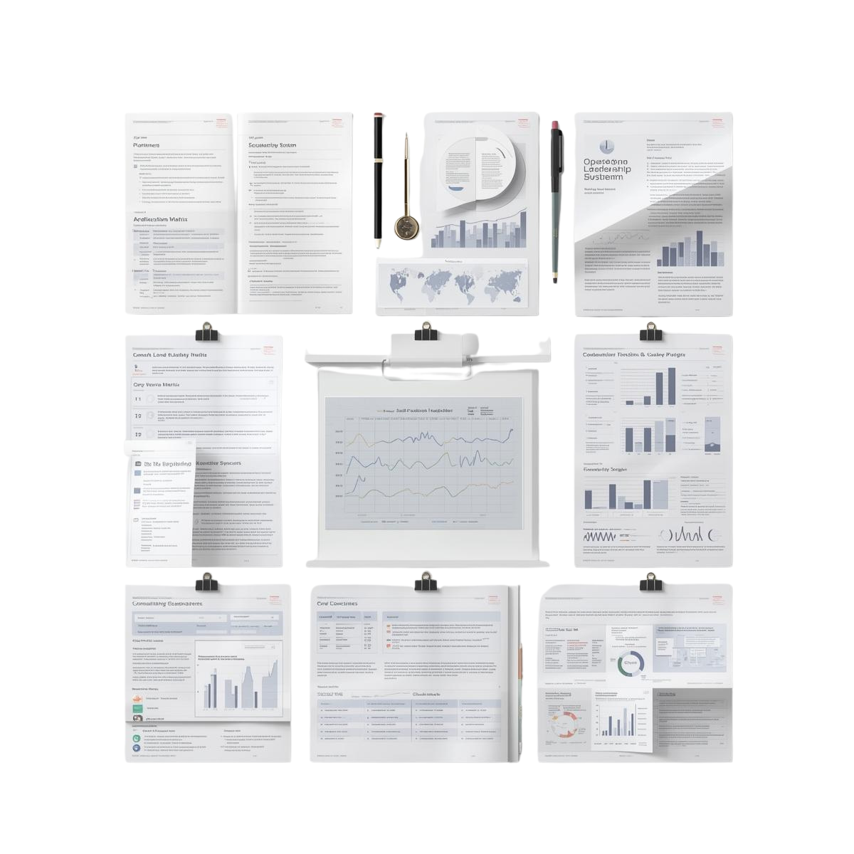 Operations leadership toolkit mockup showing SOPs, team matrix, scorecards, and KPI dashboard arranged as a structured system