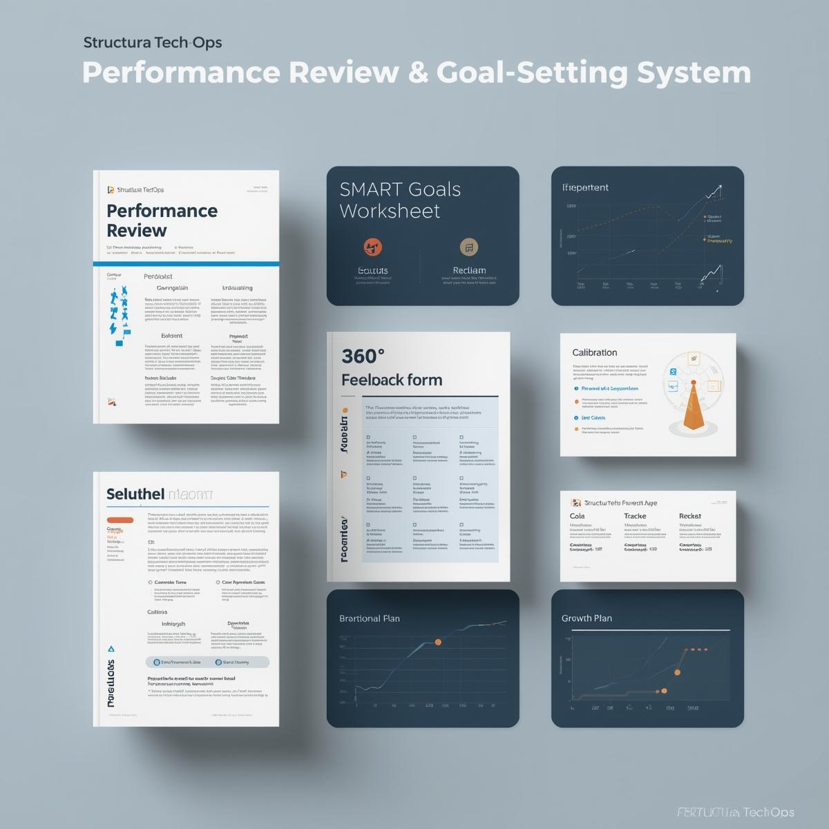 Flat-lay mockup of the Structura Tech Ops™ Performance Review & Goal-Setting System Toolkit, featuring SMART goals worksheet, 360° feedback form, calibration guide, growth plan, and editable performance review templates on a slate-gray background with minimalist layout.